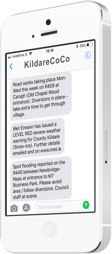 Graphic simulating Kildare Alerts, with some sample text messages received through the service.